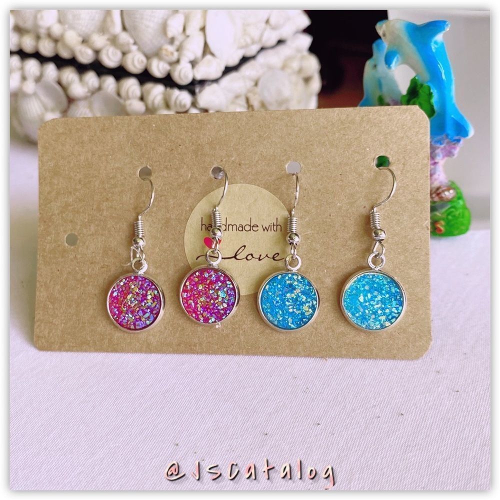 💙 Handmade Druzy Silver Round Dangling Earrings